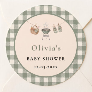 Baby Q Sage Gingham Clothesline Grill Classic Round Sticker