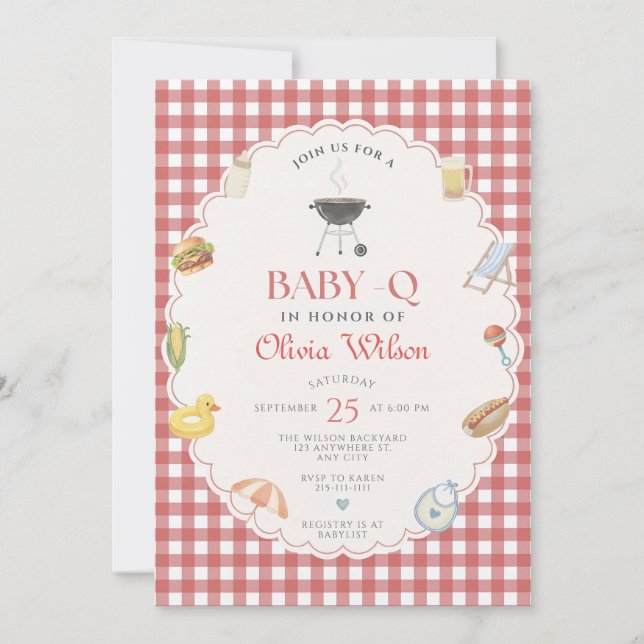 Baby-Q Shower Invitation Editable Template Gingham (Front)