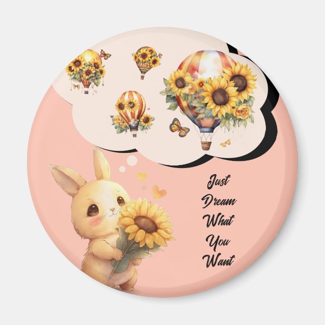 Baby Rabbit And Sunflower Circle Magnet (Front)