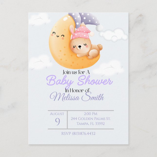 Baby Rabbit and the Moon Baby Shower Invitation Postcard (Front)