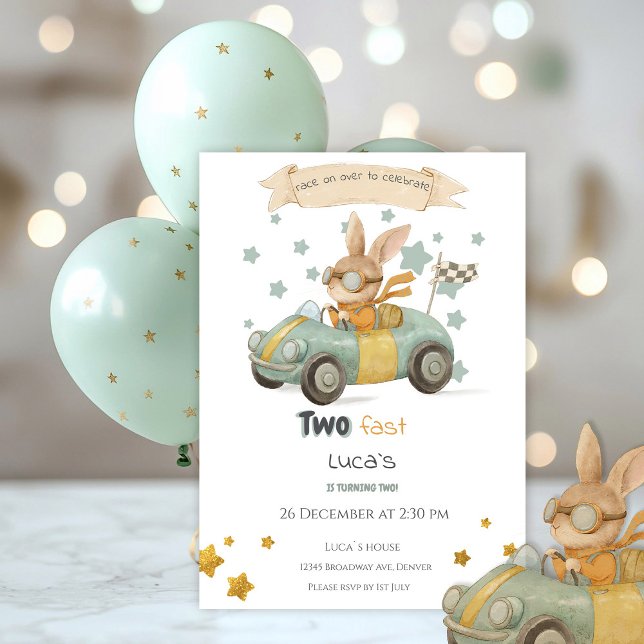 Baby Rabbit Race Cars 2nd Birthday Invitation (Creator Uploaded)