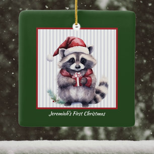 Baby Raccoon Holding Gift Child's First Christmas Ceramic Ornament