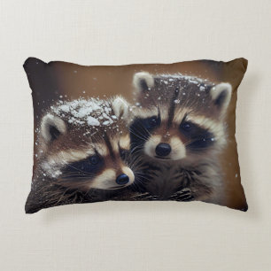 Baby Raccoons Huddle in Falling Snow Decorative Cushion