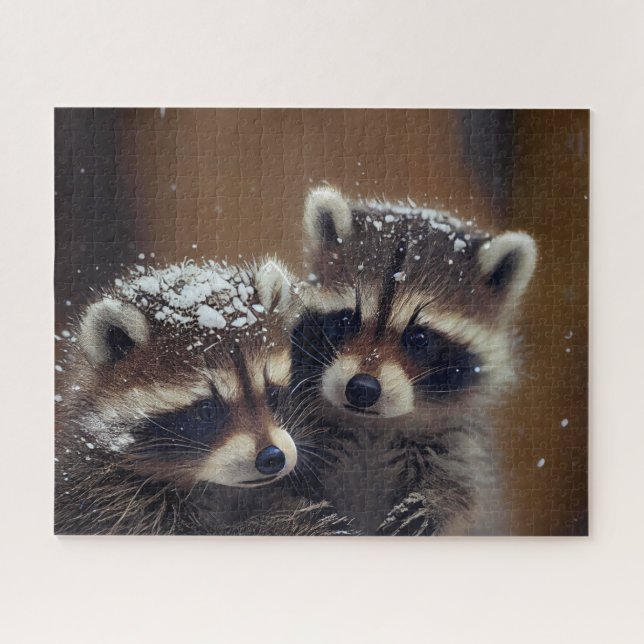 Baby Raccoons Huddle in Falling Snow Jigsaw Puzzle (Horizontal)