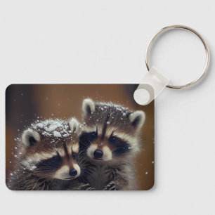 Baby Raccoons Huddle in Falling Snow Key Ring