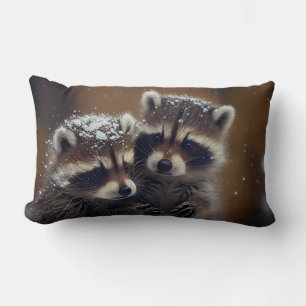 Baby Raccoons Huddle in Falling Snow Lumbar Cushion