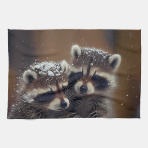 Baby Raccoons Huddle in Falling Snow Tea Towel