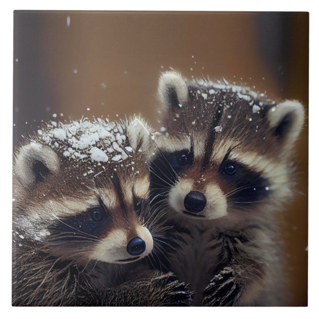 Baby Raccoons Huddle in Falling Snow Tile (Front)