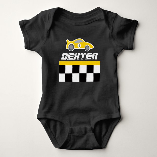 Baby racing driver yellow car name baby grow bodysuit (Front)