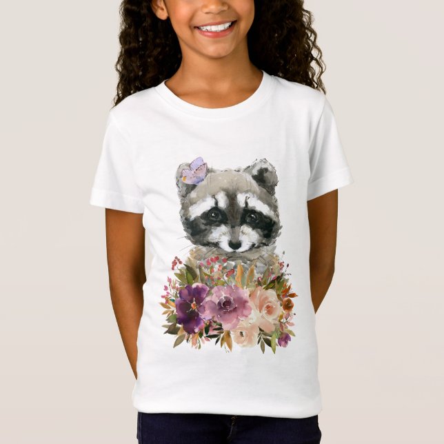 Baby Racoon Butterfly Floral Bumblebee Mauve Roses T-Shirt (Front)