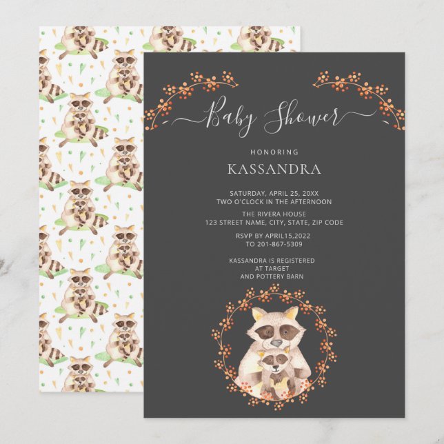 Baby Racoon & Mother Floral Wreath Baby Shower    Invitation (Front/Back)