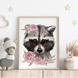 Baby Racoon Rose Animal Poster Wall Print