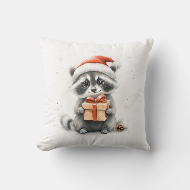 Baby Racoon Sant Hat Christmas Winter Cushion (Front)