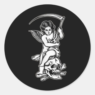 Baby Reaper Skull Scythe Blackwork Tattoo Flash  Classic Round Sticker
