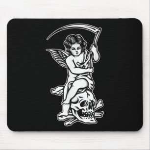 Baby Reaper Skull Scythe Blackwork Tattoo Flash Mouse Pad