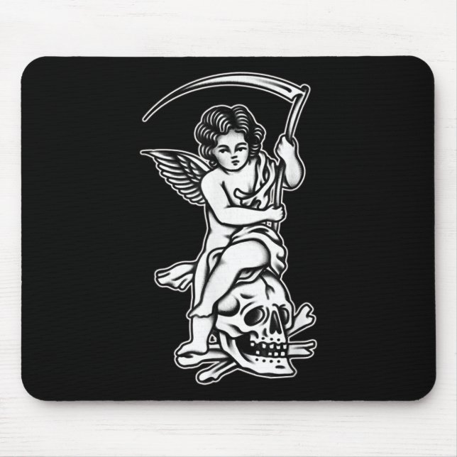 Baby Reaper Skull Scythe Blackwork Tattoo Flash  Mouse Pad (Front)