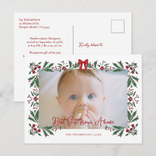 Baby Red Bows Watercolor Botanical Photo Christmas Holiday Postcard