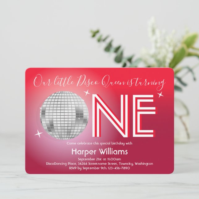 Baby Red Disco Themed First Birthday Invitation (Standing Front)