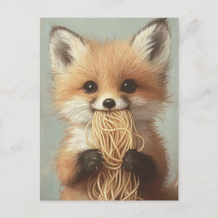 baby red fox eating spaghetti postcard