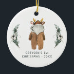 Baby Reindeer | Baby's First Christmas Ornament<br><div class="desc">Baby's First Christmas Ornament features a sweet little reindeer snowsuit, and pine branches. Personalize with your baby information and date and add your own photo to the back! A wonderful keepsake gift for your baby's 1st christmas. Add your custom wording to this design by using the "Edit this design template"...</div>