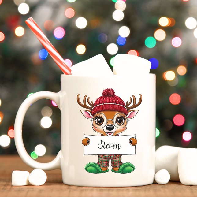 Baby Reindeer Face Kids Christmas Mug (Cute festive reindeer holding personalized name Christmas mug)