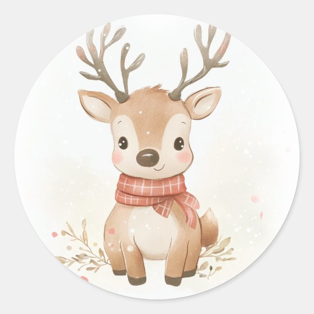 Baby reindeer in the snow classic round sticker (Front)