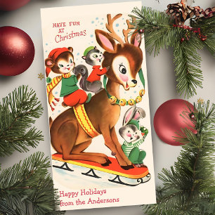 Baby Reindeer Sledding Custom Vintage Christmas Holiday Card