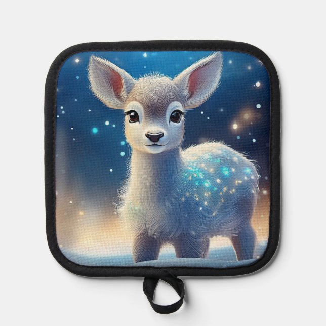 Baby Reindeer Sparkling Starry Night Pot Holder (Front)