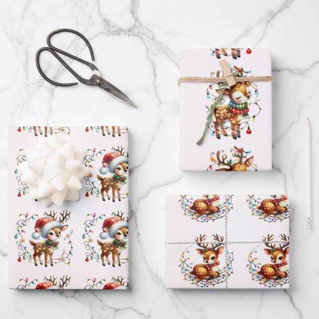 Baby Reindeer Tangled Lights Christmas Kids Wrapping Paper Sheet (Front)