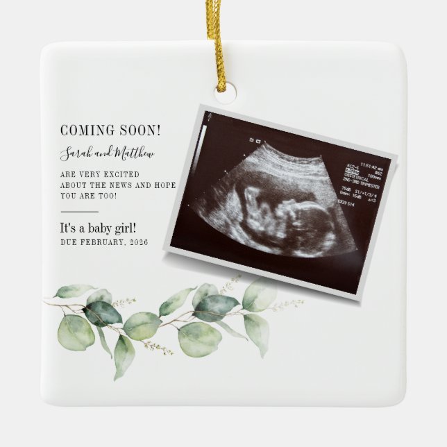 Baby Reveal Eucalyptus Botanical Pregnancy Announc Ceramic Ornament (Front)