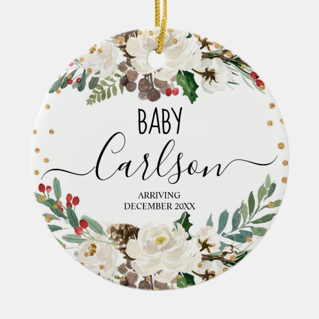 Baby Reveal Pregnancy Winter Christmas Floral Ceramic Tree Decoration (Front)