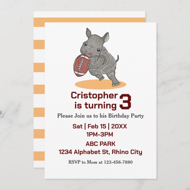 Baby Rhino American Football Birthday Invitation (Front/Back)