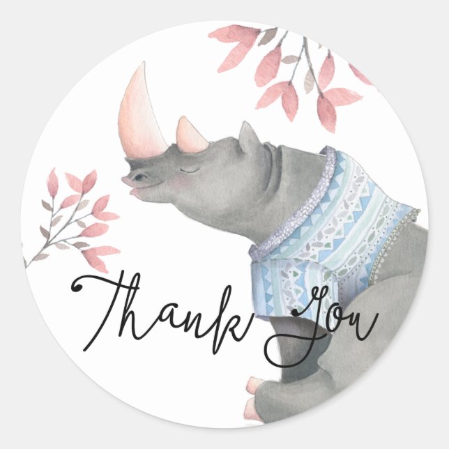 Baby Rhinoceros & Birdies Painted Thank You Classic Round Sticker (Front)