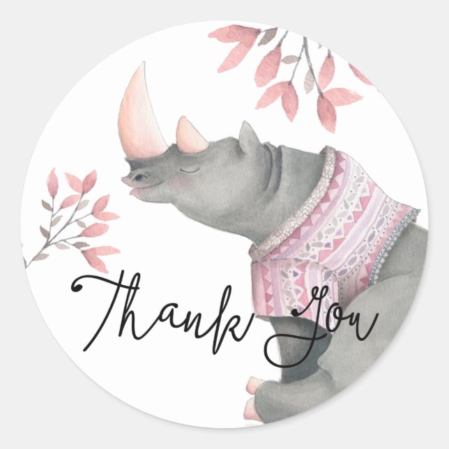 Baby Rhinoceros & Birdies Painted Thank You Classic Round Sticker (Front)
