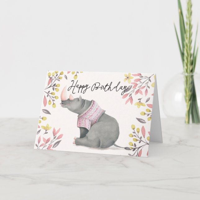 Baby Rhinoceros & Birdies Watercolor Birthday Card (Front)