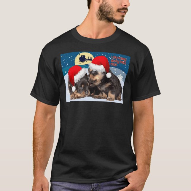 Baby Rottweiler Christmas With Red Hats And Sleigh T-Shirt (Front)
