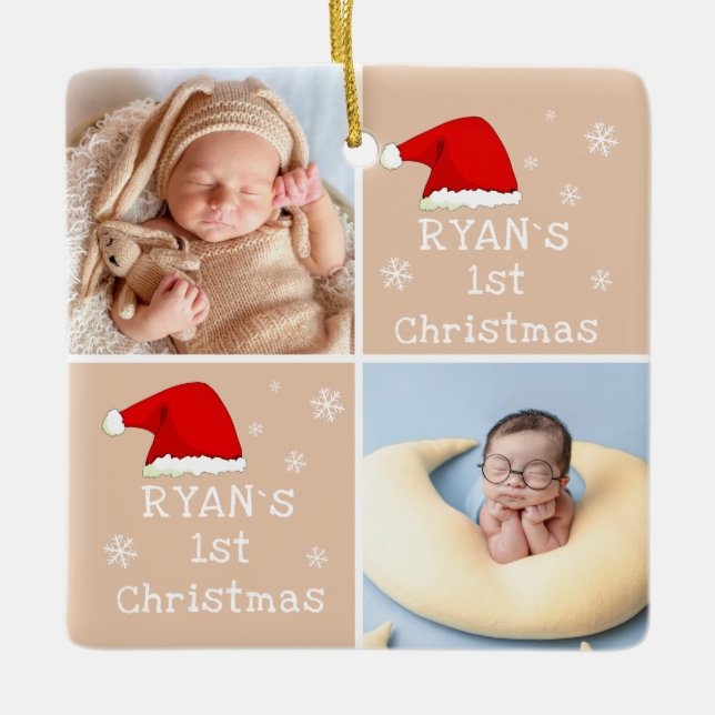 Baby`s 1st Christmas 2 Photos Santa Hat Snowflake Ceramic Ornament (Front)