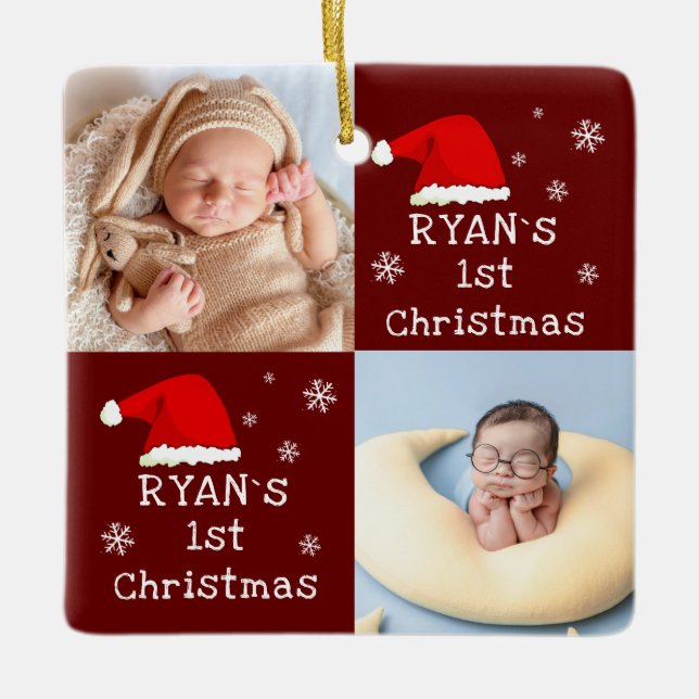 Baby`s 1st Christmas 2 Photos Santa Hat Snowflake Ceramic Ornament (Front)
