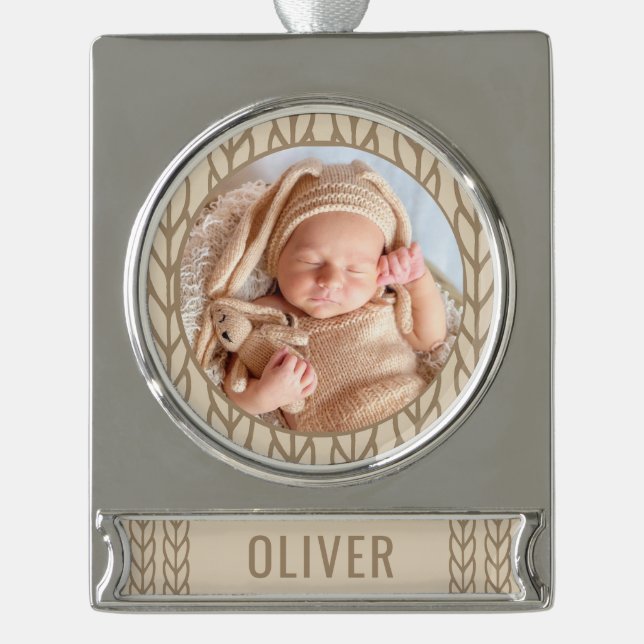 Baby`s 1st Christmas Knitting Photo Silver Plated Banner Ornament (Front)