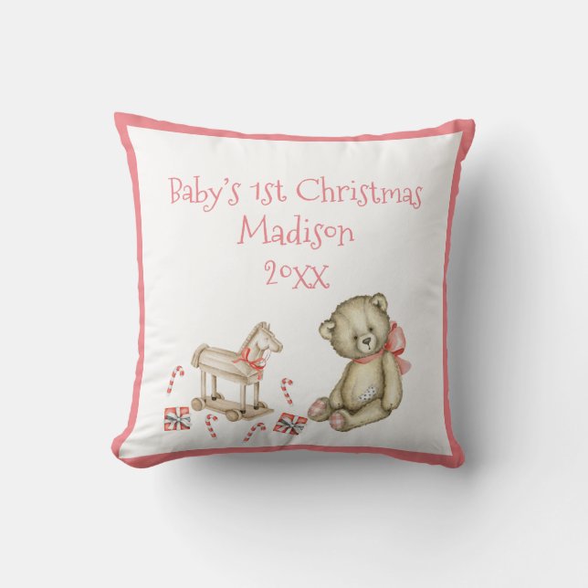 Baby’s 1st Christmas Personalise Pink Cute Baby Cushion (Front)