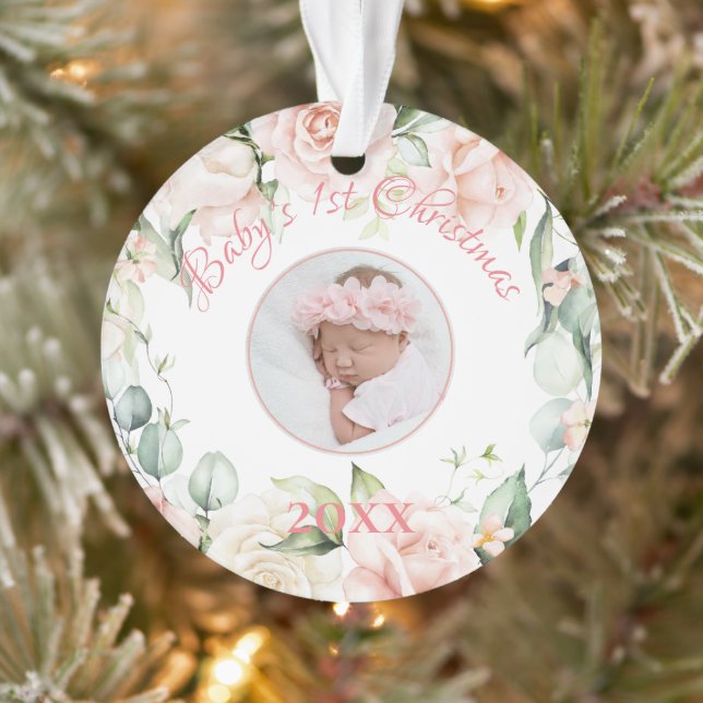 Baby’s 1st Christmas Photo Pink Floral Ornament (Tree)