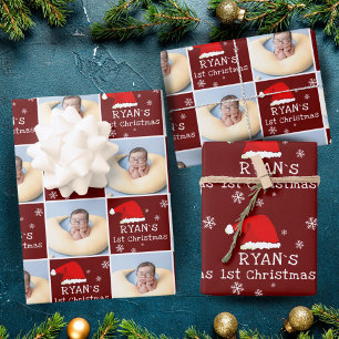 Baby`s 1st Christmas Photo Santa Hat Snowflake Wrapping Paper Sheet