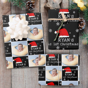 Baby`s 1st Christmas Photo Santa Hat Snowflake Wrapping Paper Sheet