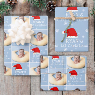 Baby`s 1st Christmas Photo Santa Hat Snowflake Wrapping Paper Sheet