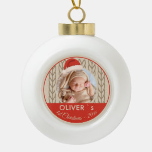 Baby`s 1st Christmas Santa Hat Knitting Photo Ceramic Ball Christmas Ornament
