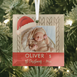 Baby`s 1st Christmas Santa Hat Knitting Photo Glass Tree Decoration