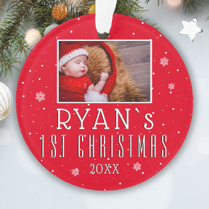 Baby`s 1st Christmas Snowflake Red Christmas Photo Ornament