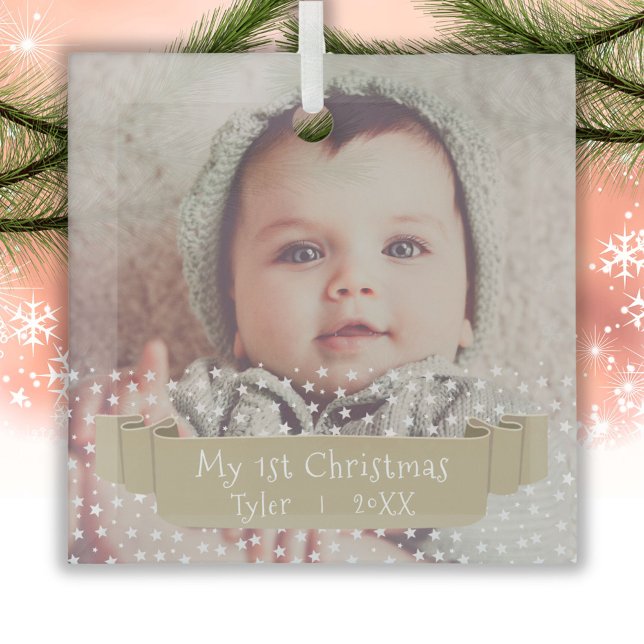 Baby`s 1st Christmas Stars Ribbon Photo Glass Tree Decoration (Creator Uploaded)