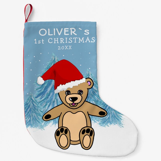 Baby`s First Christmas Blue Teddy Bear Sant Hat Small Christmas Stocking (Front)