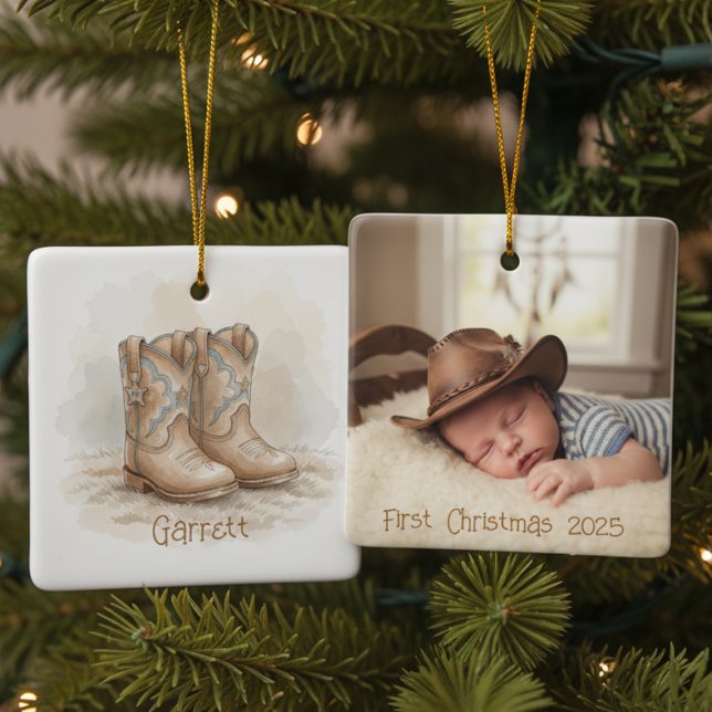Baby’s First Christmas Cowboy Boots Photo Ceramic Ornament (Baby's 1st Christmas  Cowboy Boots Christmas ornament)